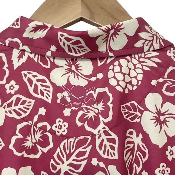 Tattoo Golf Mens 2XL Aloha ProCool Polo Shirt Floral Skull Burgundy/Pink Cream - Picture 9 of 12